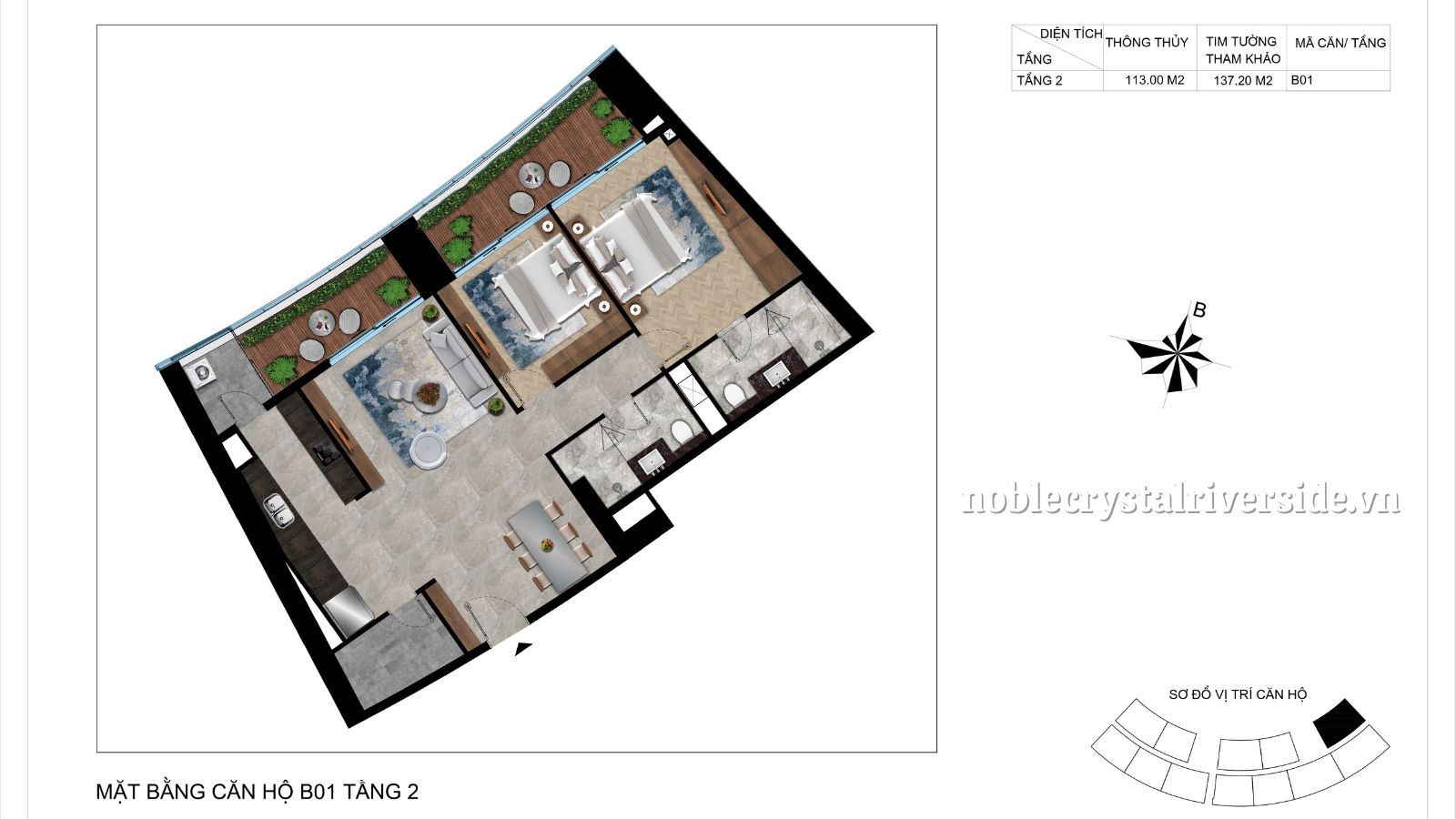 Mặt bằng chi tiết căn hộ B01 tầng 2 Noble Crystal Riverside.
