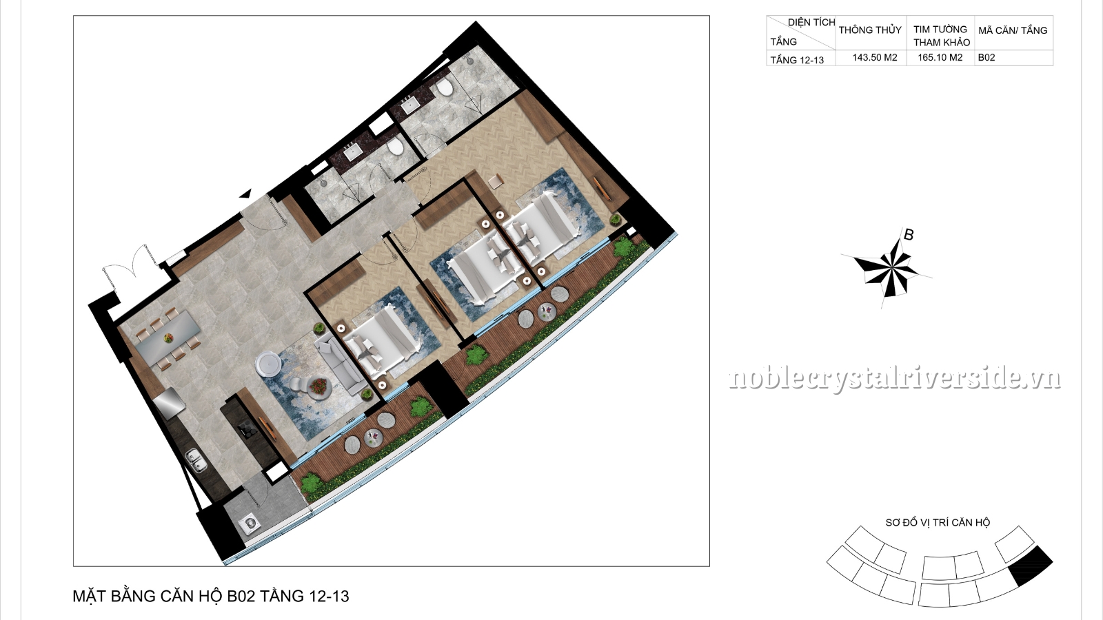 Mặt bằng chi tiết căn hộ B02 tầng 12-13 Noble Crystal Riverside.