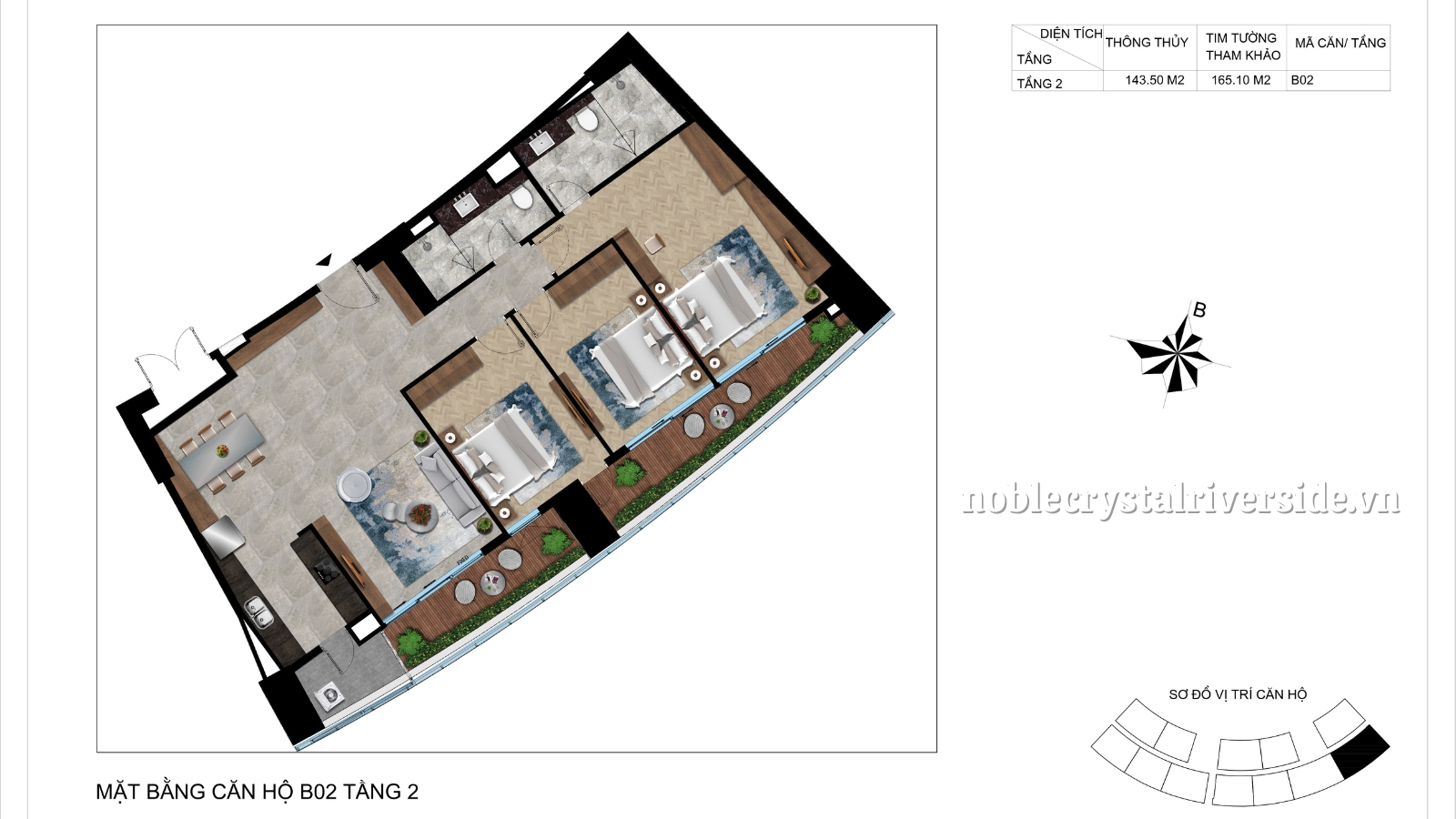 Mặt bằng chi tiết căn hộ B02 tầng 2 Noble Crystal Riverside.