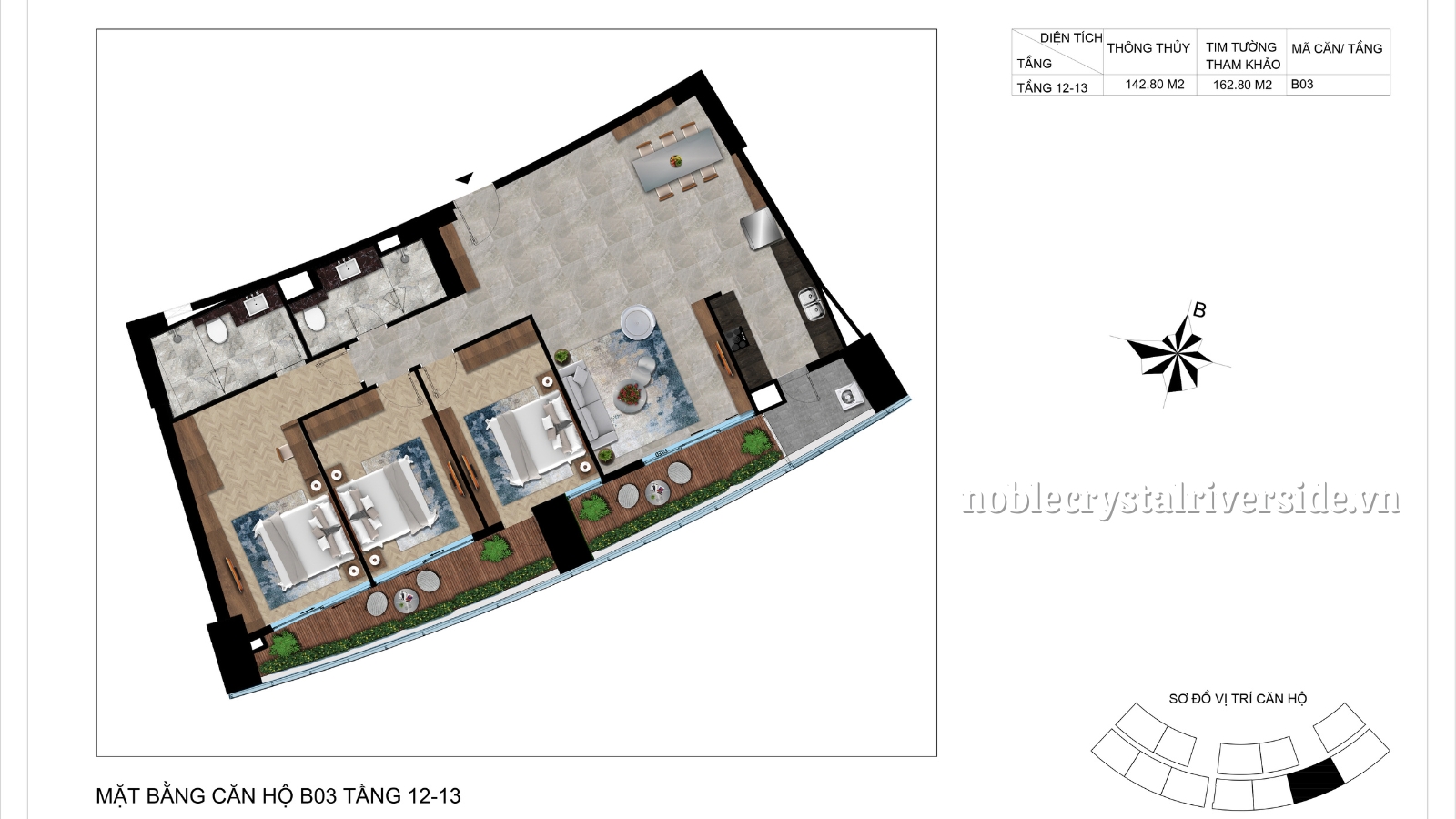 Mặt bằng chi tiết căn hộ B03 tầng 12-13 Noble Crystal Riverside.
