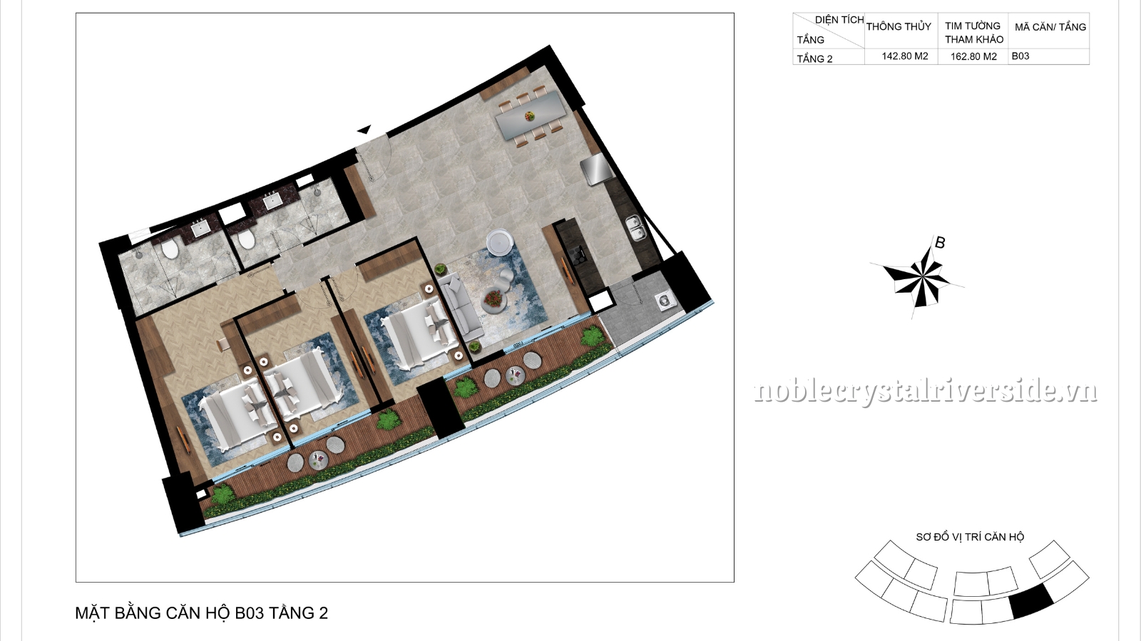 Mặt bằng chi tiết căn hộ B03 tầng 2 Noble Crystal Riverside.