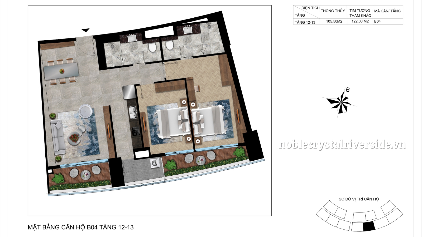 Mặt bằng chi tiết căn hộ B04 tầng 12-13 Noble Crystal Riverside.