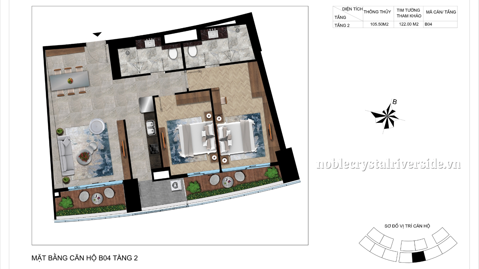 Mặt bằng chi tiết căn hộ B04 tầng 2 Noble Crystal Riverside.