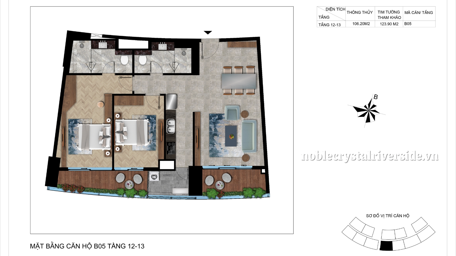 Mặt bằng chi tiết căn hộ B05 tầng 12-13 Noble Crystal Riverside.