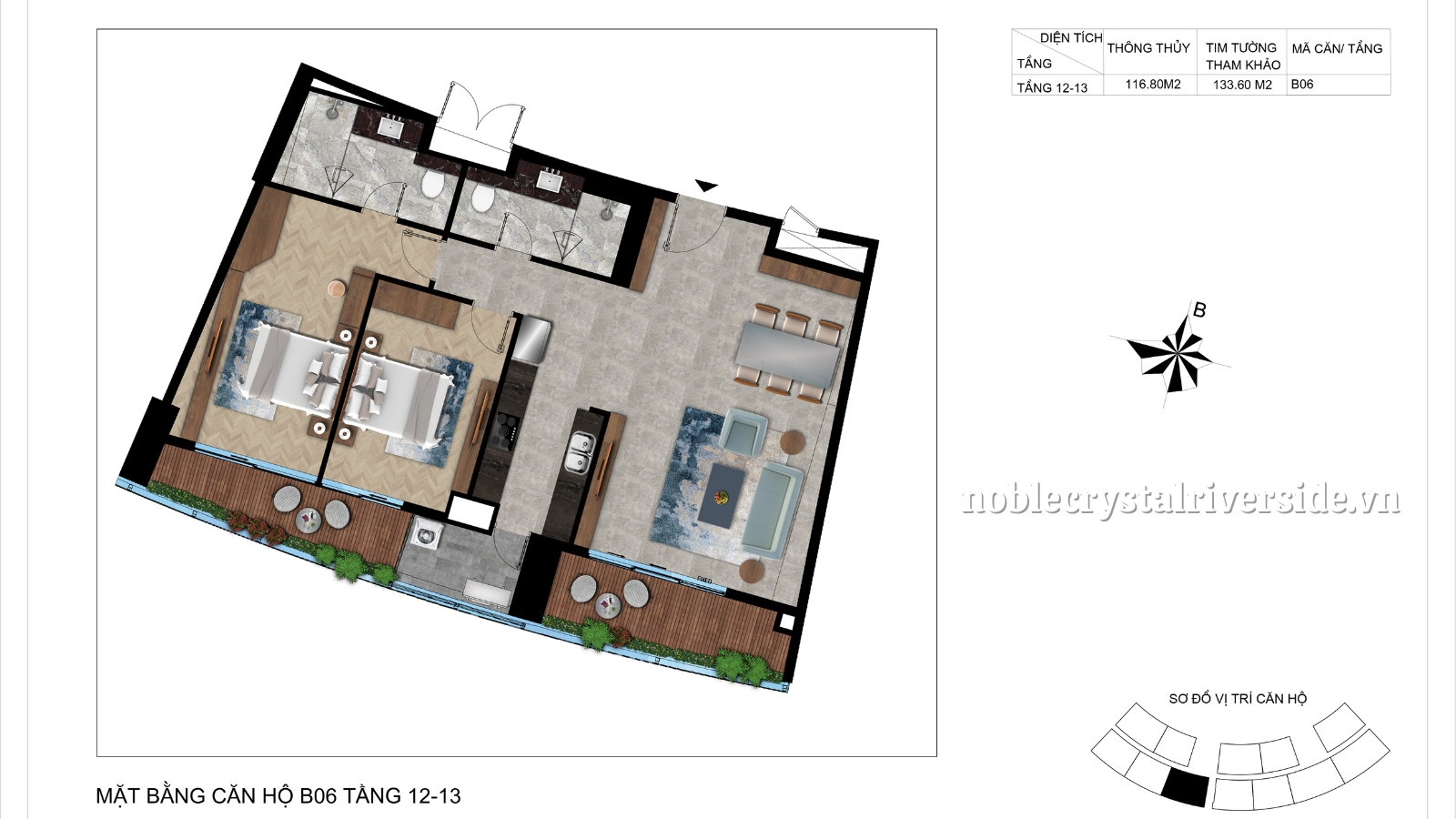 Mặt bằng chi tiết căn hộ B06 tầng 12-13 Noble Crystal Riverside.