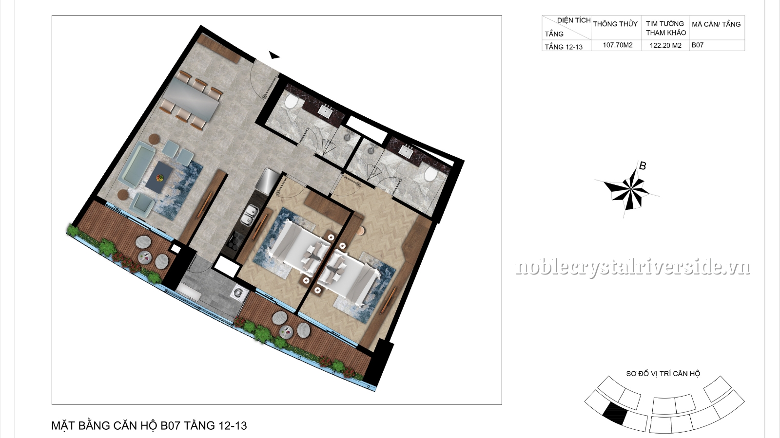 Mặt bằng chi tiết căn hộ B07 tầng 12-13 Noble Crystal Riverside.