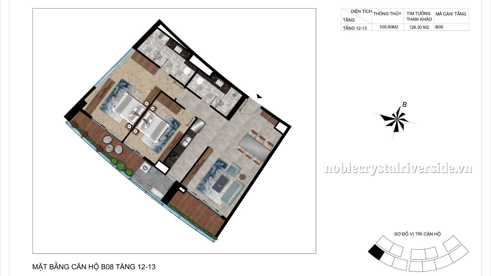Mặt bằng chi tiết căn hộ B08 tầng 12-13 Noble Crystal Riverside.