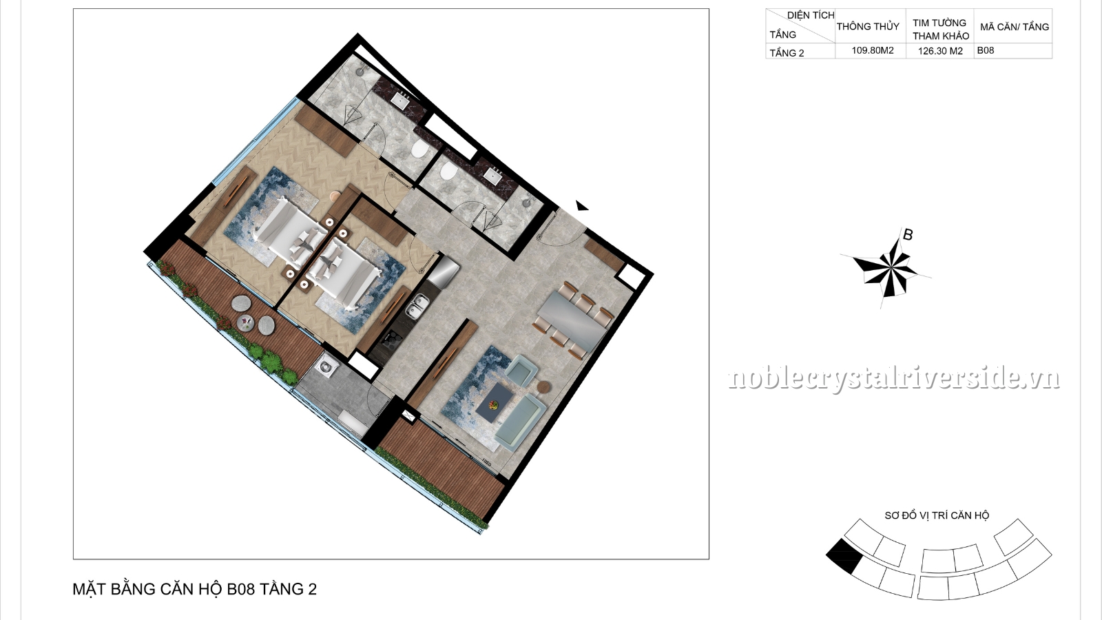 Mặt bằng chi tiết căn hộ B08 tầng 2 Noble Crystal Riverside.
