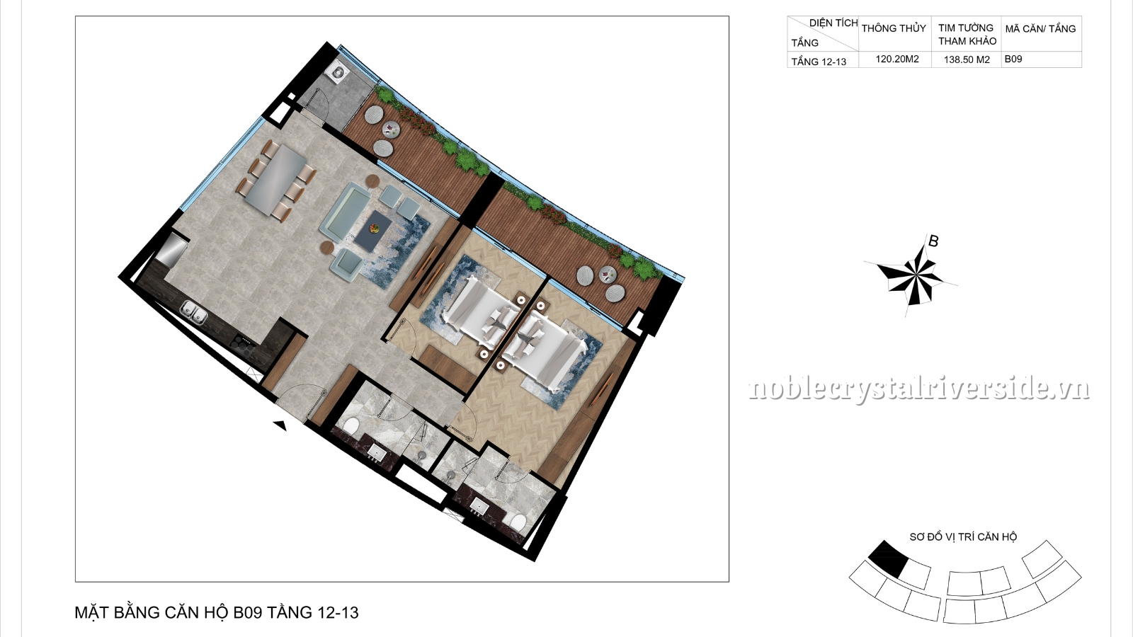 Mặt bằng chi tiết căn hộ B09 tầng 12-13 Noble Crystal Riverside.
