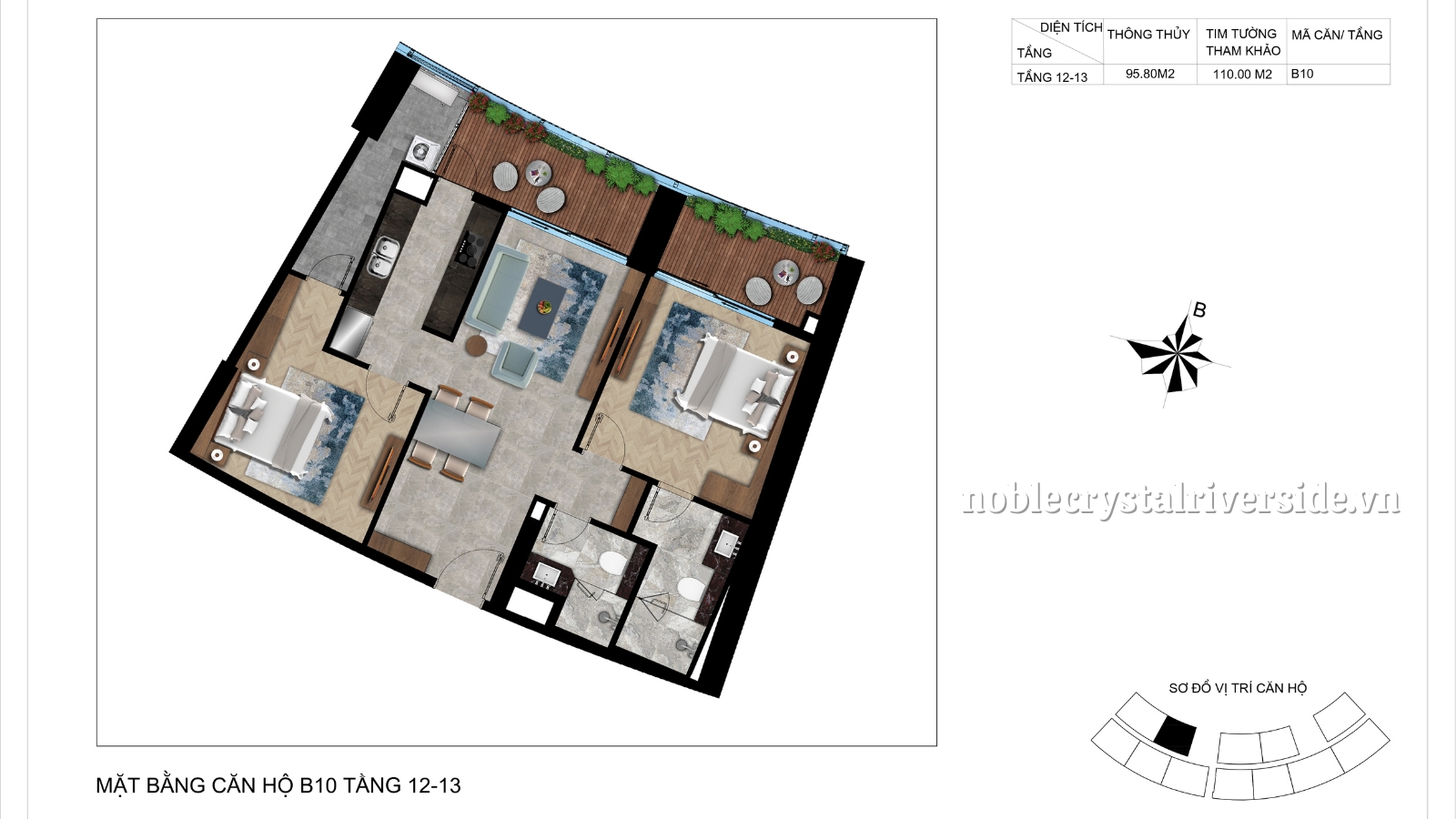 Mặt bằng chi tiết căn hộ B10 tầng 12-13 Noble Crystal Riverside.