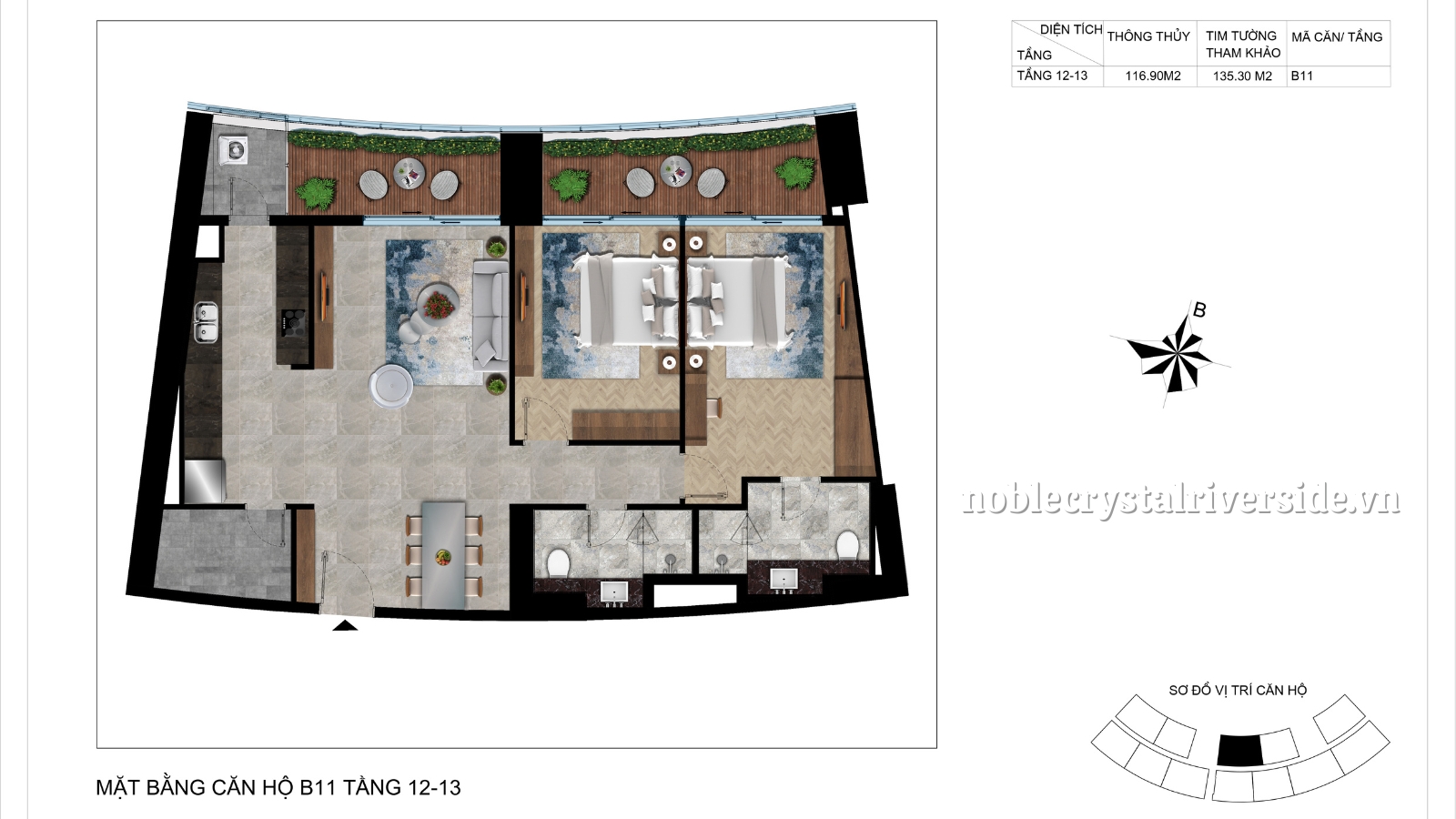 Mặt bằng chi tiết căn hộ B11 tầng 12-13 Noble Crystal Riverside.