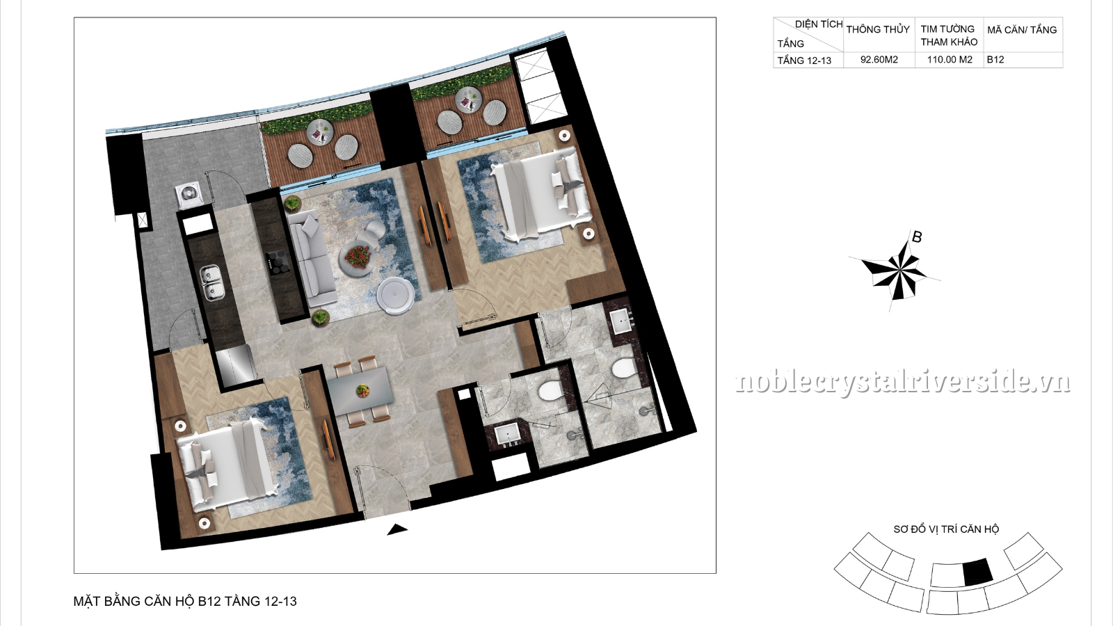 Mặt bằng chi tiết căn hộ B12 tầng 12-13 Noble Crystal Riverside.