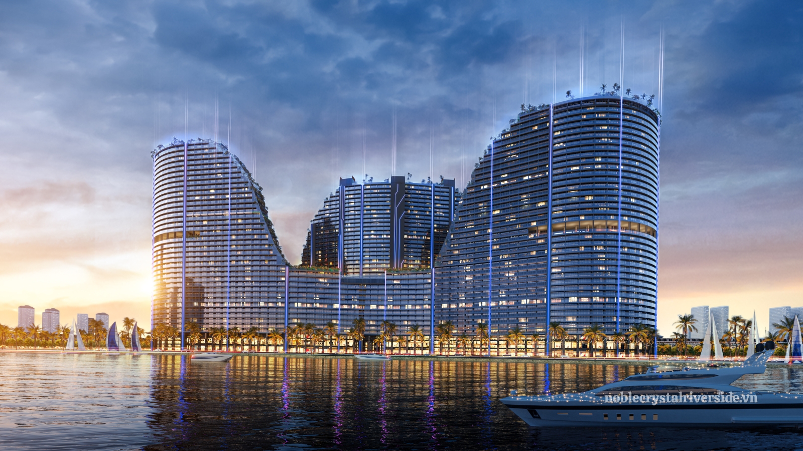 Kiến trúc lượn sóng phản chiếu mặt nước độc bản của dự án Noble Crystal Riverside bên sông Sài Gòn.